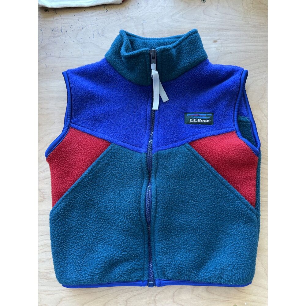 Vintage L.L.Bean Kids Small Made in USA Colorblock Fleece Vest Blue Green Red